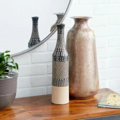 Cheapest 😀 Studio 350 Tall Tan And Black Cylinder Decorative Vase W/ Geometric Polynesian Design 3.5" X 17" ✨
