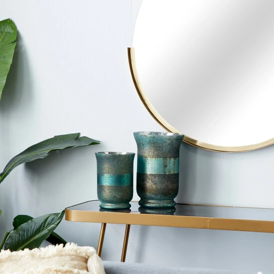 Wholesale ⌛ Studio 350 Green Glass Rustic Candle Holder (Set Of 2) - S/2 7.75", 10.5"H ✔️