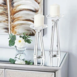 Best Sale 🥰 Studio 350 White Stainless Steel Glam Candle Holder (Set Of 2) - 4 X 4 X 13 ⌛