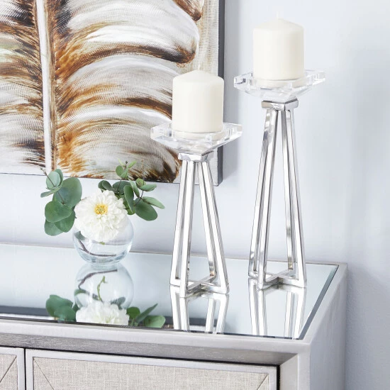 Best Sale 🥰 Studio 350 White Stainless Steel Glam Candle Holder (Set Of 2) - 4 X 4 X 13 ⌛