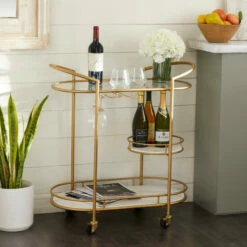 Best deal ⌛ Studio 350 Contemporary Modern Metal And Marble 3 Tier Bar Cart Gold 👏