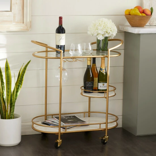 Best deal ⌛ Studio 350 Contemporary Modern Metal And Marble 3 Tier Bar Cart Gold 👏