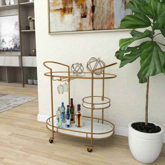 Best deal ⌛ Studio 350 Contemporary Modern Metal And Marble 3 Tier Bar Cart Gold 👏 - Image 8