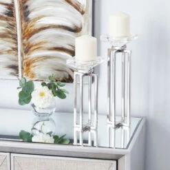 New ⌛ Studio 350 Silver Stainless Steel Glam Candle Holder (Set Of 2) - 4 X 4 X 13 👍