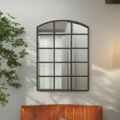 Best Sale 🔥 Studio 350 Traditional Industrial Iron Windowpane Wall Mirror Collection Antique Black Arched Edge 🥰