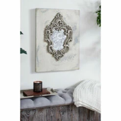 Hot Sale 🎁 Studio 350 Large Gray And Beige Antique Frame With Damask Print Wooden Wall Plaque 23.5 X 31.5 - 24 X 2 X 32 😉