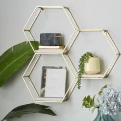 Promo 🌟 Studio 350 Silver Or Gold Metal Marble Glam Modern Hexagon 3 Shelf Wall Shelf - 24 X 6 X 24 😉