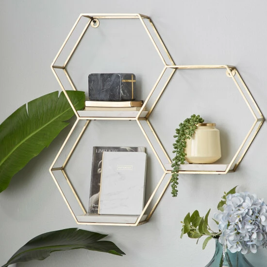 Promo 🌟 Studio 350 Silver Or Gold Metal Marble Glam Modern Hexagon 3 Shelf Wall Shelf - 24 X 6 X 24 😉