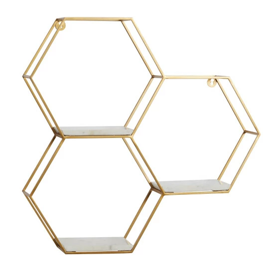 Promo 🌟 Studio 350 Silver Or Gold Metal Marble Glam Modern Hexagon 3 Shelf Wall Shelf - 24 X 6 X 24 😉 - Image 2