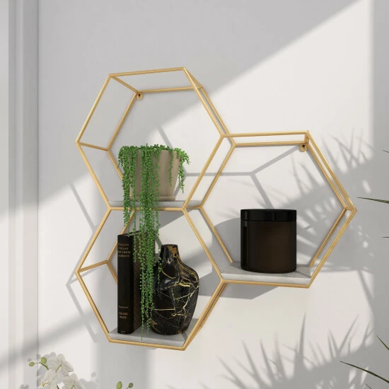 Promo 🌟 Studio 350 Silver Or Gold Metal Marble Glam Modern Hexagon 3 Shelf Wall Shelf - 24 X 6 X 24 😉 - Image 3