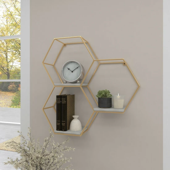 Promo 🌟 Studio 350 Silver Or Gold Metal Marble Glam Modern Hexagon 3 Shelf Wall Shelf - 24 X 6 X 24 😉 - Image 4