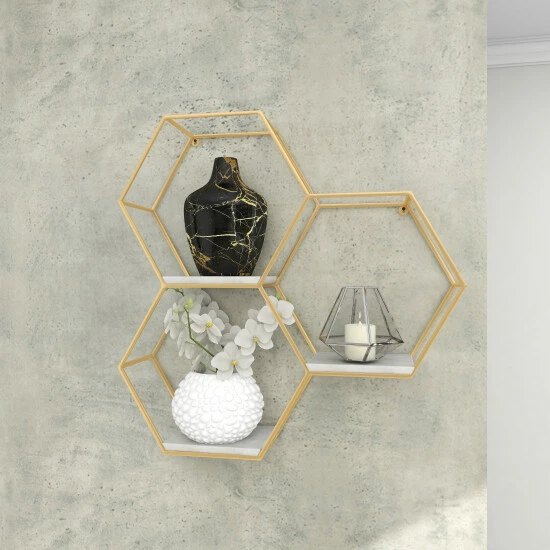 Promo 🌟 Studio 350 Silver Or Gold Metal Marble Glam Modern Hexagon 3 Shelf Wall Shelf - 24 X 6 X 24 😉 - Image 5