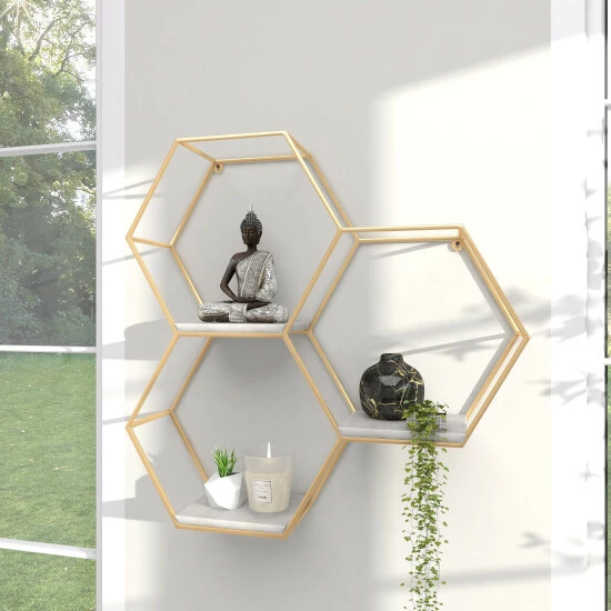 Promo 🌟 Studio 350 Silver Or Gold Metal Marble Glam Modern Hexagon 3 Shelf Wall Shelf - 24 X 6 X 24 😉 - Image 6