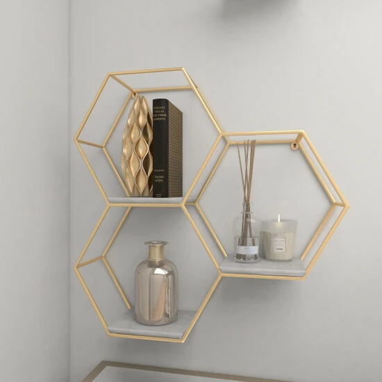 Promo 🌟 Studio 350 Silver Or Gold Metal Marble Glam Modern Hexagon 3 Shelf Wall Shelf - 24 X 6 X 24 😉 - Image 7
