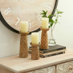 Flash Sale ⭐ Studio 350 Brown Wood Natural Candle Holder (Set Of 3) - 4 X 4 X 10 ⌛