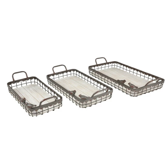 Buy 🌟 Studio 350 Large Rectangular Grid Rustic Brown Metal Trays Set Of 3 W Bird Figurines - 27 X 14 X 3 🔥