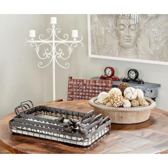 Buy 🌟 Studio 350 Large Rectangular Grid Rustic Brown Metal Trays Set Of 3 W Bird Figurines - 27 X 14 X 3 🔥 - Image 2