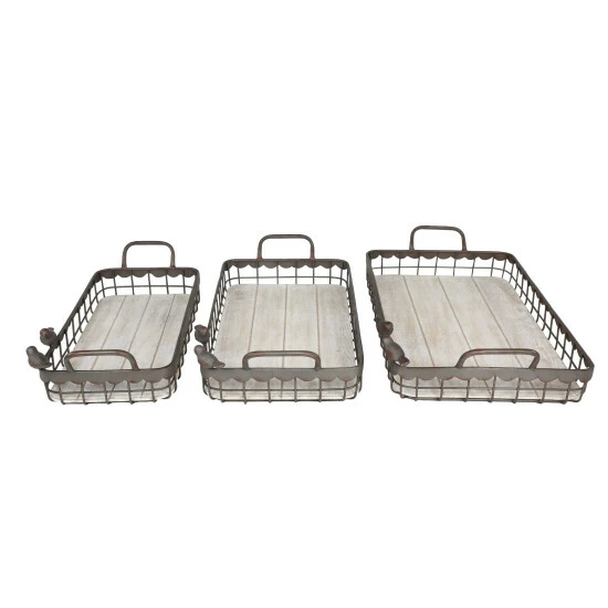 Buy 🌟 Studio 350 Large Rectangular Grid Rustic Brown Metal Trays Set Of 3 W Bird Figurines - 27 X 14 X 3 🔥 - Image 5