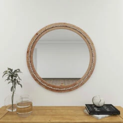 Budget 😀 Studio 350 Natural Brown Wood Bohemian Rustic Wall Mirror With Bead Detail Collection Light Brown - Round Small 🎁