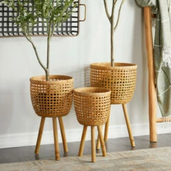 Brand new 🎁 Studio 350 Bamboo Bohemian Planter ( Set Of 3) - S/3 26", 23", 20"H Brown - Grid & Wavy ❤️