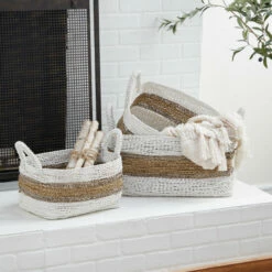 Deals 😀 Studio 350 White Plastic Rattan Coastal Storage Basket (Set Of 3) 🎁