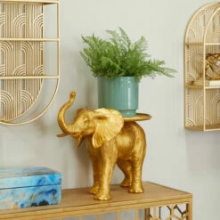 New ๐ Studio 350 Gold Resin Eclectic Tray Elephant Sculpture - 18 X 22 X 11 โญ