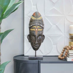 Best Pirce 🔥 Studio 350 Brown Polystone Primitive African Head Mask And Standing Sculpture Brown - Tribal Warrior Head 🌟