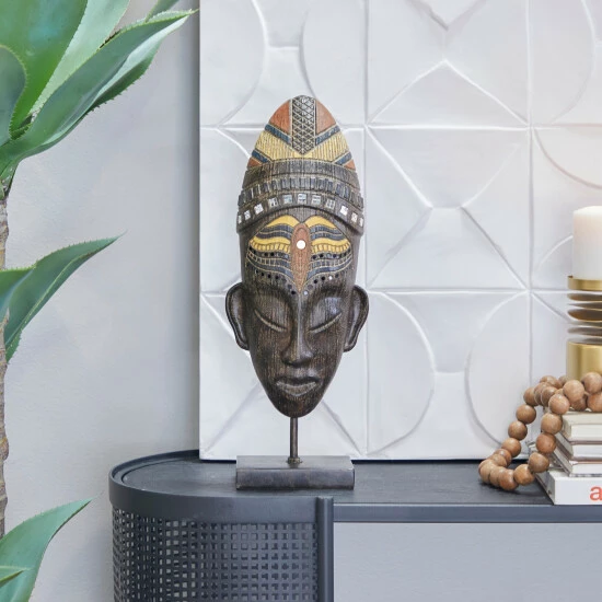 Best Pirce 🔥 Studio 350 Brown Polystone Primitive African Head Mask And Standing Sculpture Brown - Tribal Warrior Head 🌟