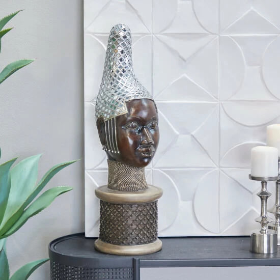 Best Pirce 🔥 Studio 350 Brown Polystone Primitive African Head Mask And Standing Sculpture Brown - Tribal Warrior Head 🌟 - Image 7