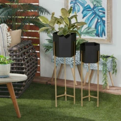 Best Sale 🥰 Studio 350 Black Iron Contemporary Planter (Set Of 2) - S/2 25", 30"H 🔔