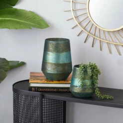 Best Sale 🥰 Studio 350 Green Glass Rustic Candle Holder (Set Of 2) - 7 X 7 X 9 🔥