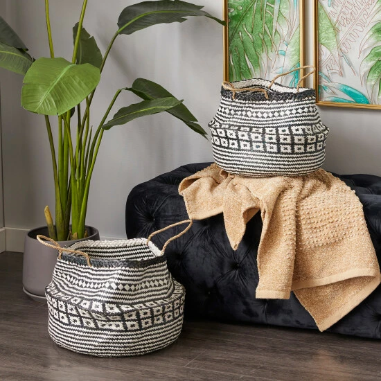 Best deal 😉 Studio 350 Black/White Seagrass Boho Eclectic Plant Storage Basket (Set Of 2) - S/2 16", 14"H ✨