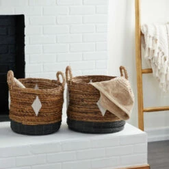 Best Sale 😀 Studio 350 Brown Banana Leaf Contemporary Storage Basket (Set Of 2) - S/2 17", 16"H ✨