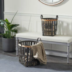 New ⭐ Studio 350 Black Bamboo Farmhouse Storage Basket (Set Of 2) - S/2 17", 20"H 😉