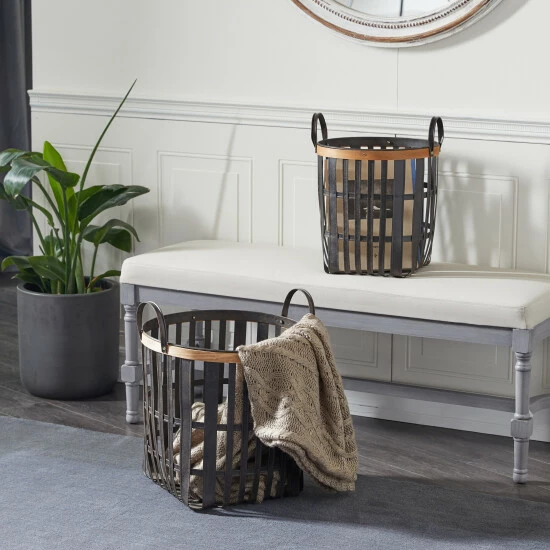 New โญ Studio 350 Black Bamboo Farmhouse Storage Basket (Set Of 2) - S/2 17", 20"H ๐