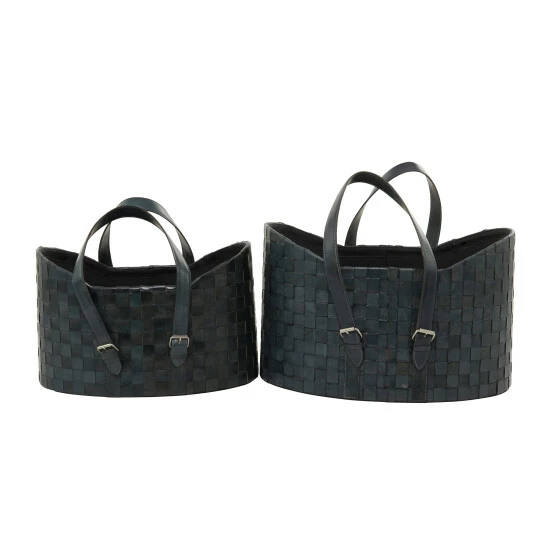Budget ⌛ Studio 350 Leather Modern Storage Basket (Set Of 2) - S/2 21", 19"W Dark Blue 🎁 - Image 2