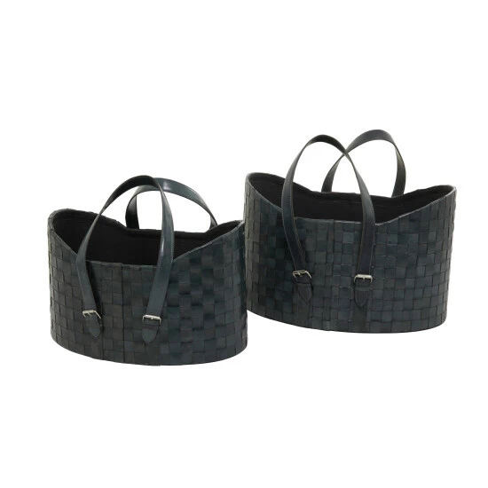Budget ⌛ Studio 350 Leather Modern Storage Basket (Set Of 2) - S/2 21", 19"W Dark Blue 🎁 - Image 3