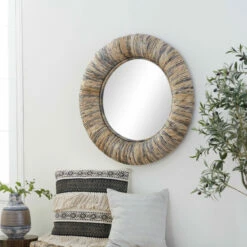 Best deal 🔔 Studio 350 Grey Teak Wood Coastal Wall Mirror 35 X 35 X 3 - 35 X 3 X 35 Round 🌟