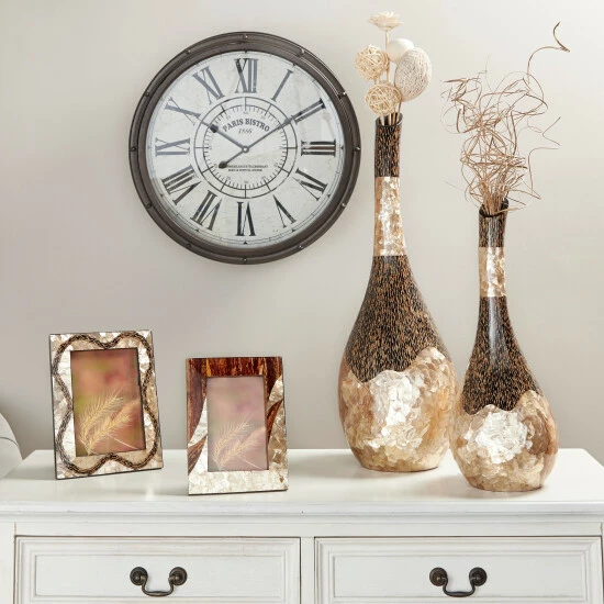 Discount 💯 Studio 350 Large Gold Capiz Shell & Vervain Inlay Resin Bud Vase W/ Swan Neck 7" X 18" 😉 - Image 2