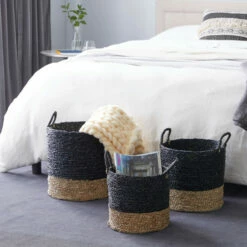 Hot Sale โ๏ธ Studio 350 Black Seagrass Modern Storage Basket (Set Of 3) - S/3 14", 16", 18"H โค๏ธ