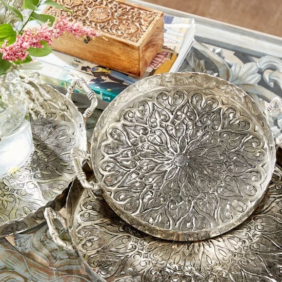 Flash Sale 😀 Studio 350 Silver Metal Traditional Tray (Set Of 3) - 16 X 14 X 3Round ⭐ - Image 8