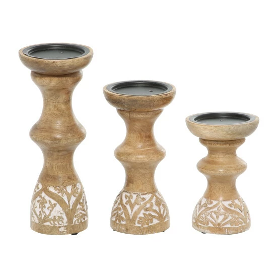 New 🧨 Studio 350 Brown Wood Country Cottage Candle Holder (Set Of 3) - S/3 6", 8", 10"H 🤩 - Image 3